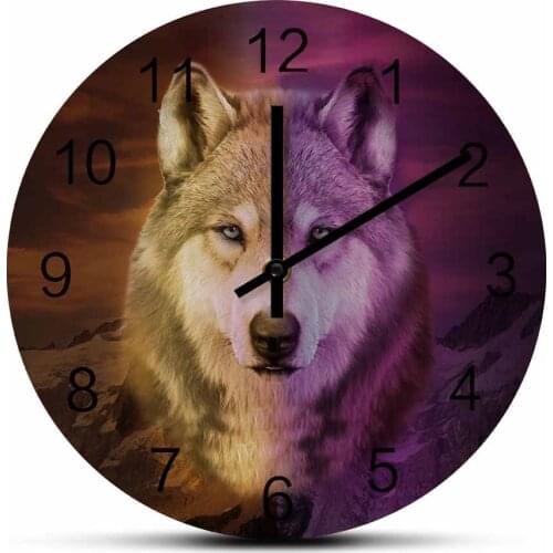 Wolf Portrait Forest Mountain Contemporary Wall Clock Wildlife Home Décor Animal Wall Art Decorative Silent Non Ticking Clock