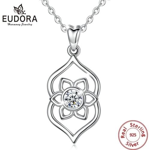 EUDORA Elegant 100% 925 Sterling Silver Lotus Flower Pendant Lotusbloem Necklace for Women Clear Cubic Zircon Women Jewelry D456