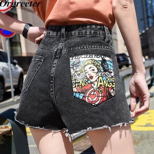 High waist Denim Shorts Women Summer 2021 New Personality Portrait Printted Pocket Hole Tassel Asymmetric Hot Jeans Pants