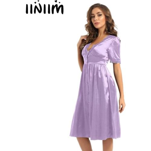 Womens Fashion Faux Silk Nightgowns Dresses Thin V-Neck Short-Sleeve Front Button Long Pajamas Princess Dress with Ice Silk Lace