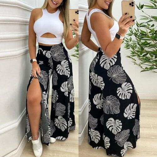 Women Summer Solid Cut-out Tank Top & Tropical Print Split Wide Leg Pants Set Casual Holiday Outdoor Wear Two Piece Suits Lounge