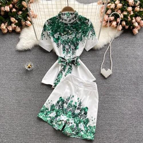 Amolapha Women Workwear Clothing Sets Vintage Printed Single Breasted Shirt Tops+High Waist Wide Legs Shorts Female Office Suits