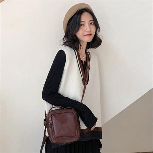 Sleeveless Pullover Women 2020 Fall Winter Korean Style Vintage Patchwork V Neck Casual Loose Knitted Sweater Vest Tank Top T359
