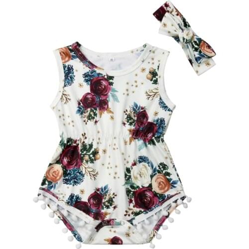 2PCS Newly Summer Toddler Kids Baby Girls Cute Romper Headband Sleeveless Print Tassel Elastic Waist Jumpsuits