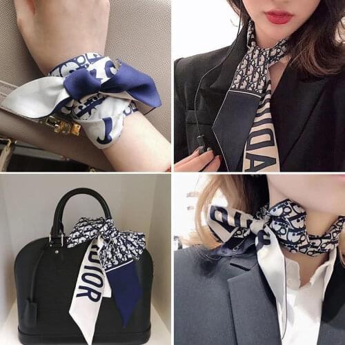 2021 Design Brand Women Scarf Small Narrow Skinny Silk Scarfs Bags Ribbon Tie Band Foualrd Neckerchief Hair Neck Scarves Female
