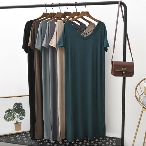 2020 Summer Women Loose V-neck Casual Dress Solid Color Cotton Sexy Backless T Shirt Dress Modal Short Sleeve Dresses FY111