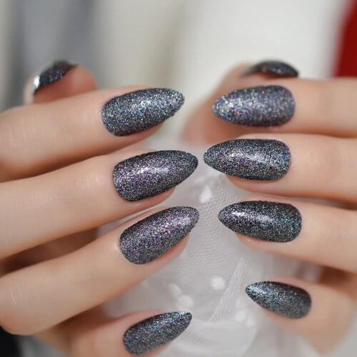 24Pcs Long Almond Glitter Black Charming Design Nail Tips Wholesale Full Cover Nails Gels Nails Artificial False Nail