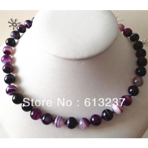 Hot free Shipping new Fashion Style diy Natural 10mm Purple Stripe Round carnelian onyx agat Necklace 17 " MY3363