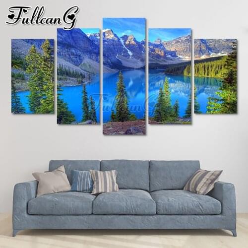 FULLCANG Natural scenery lake 5 piece diy diamond painting large full square round drill mosaic embroidery multi-picture FC3067