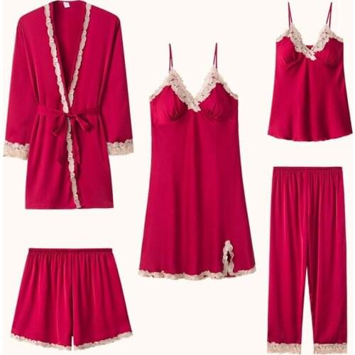 PJS Suit Satin 5PCS Pajamas Set Women Nightwear Lounge Wear Sexy Sleepwear Lace Intimate Lingerie Casual Kimono Bathrobe Gown