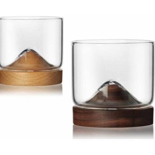 Creative Raised Hill Crystal Whisky Glass With Wood Coaster Holder Bar Chivas XO Liqueur Spirits Whiskey Fujiyama Wine Cup Copo