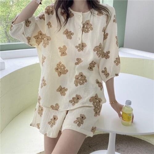 Cartoon Bear Summer Nightgown Women O-Neck Short Sleeve Kawaii Nightdress Sleepwear Loose Home Clothes Kawaii Vintage