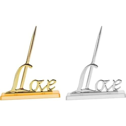Love Metal Signing Pen with Square Pen Holder Sign Writing Pens for Wedding Bridal Engagement Favors Ceremony Office Guest Book