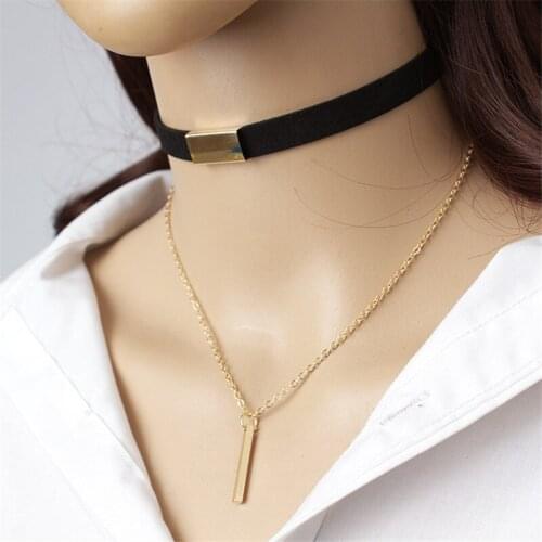 Fashion Cute Girls Velvet Choker Necklace Women Vintage Metal Strips Pendant Chain Necklaces Female Jewelry Wedding Party Gift