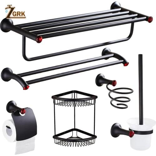ZGRK Black Bathroom Accessories Sets Wall Mounted Red crystal Antique Paper Towel Holder Toilet Brush Holder Bathroom Hardware