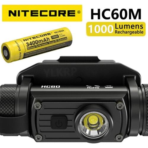 Nitecore HC60M Headlamp with 3400mAh Battery 1000 Lumens USB Rechargeable CREE XM-L2 U2 LED Helmet Light