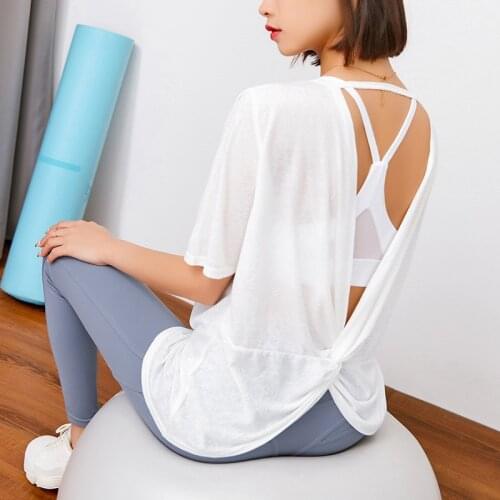 New 2020 Women Workout Short Tops Sports Gym Sexy back Yoga Dance Shirts Solid Loose Soft Active Wear Exercise Fitness T-shirts