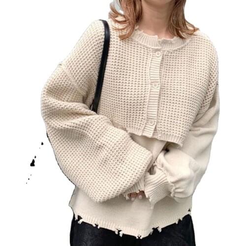 2020 Autumn/winter New Japanese Korean Fashion Knitted Sweater Waffle Hole Trend Pullover Personality Short Ladies Shirts Tops