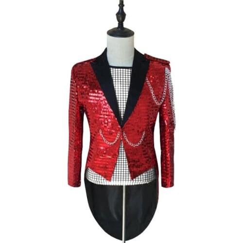 Sequins clothes men tuxedo suits designs homme terno stage costumes for singers red jacket mens blazer dance star style punk