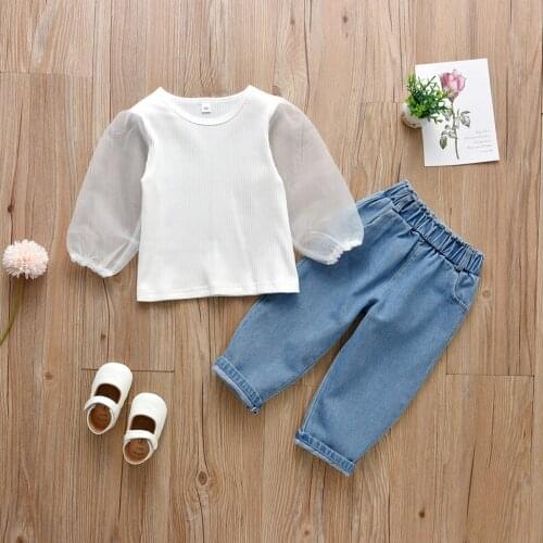 Autumn Girls Two-piece Clothes Set White Round Collar Tops with Yarn Sleeves Design and High Waist Jeans Outfit