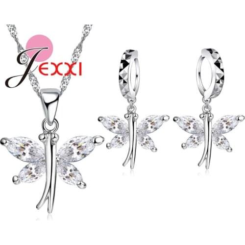 925 Sterling Silver Cubic Zirconia Butterfly Drop Earrings Collar Necklace Bride Wedding Anniversary Jewelry Sets
