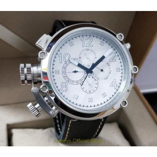 50mm GEERVO left hand crown white dial Automatic Self-Wind movement Auto Date Mens watch cow Leather strap 130A