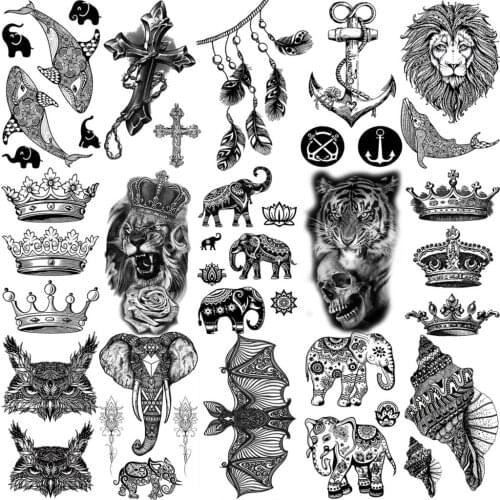 Henna Elephant Whale Temporary Tattoos For Women Adult Cross Anchor Lion Tiger Crown Bat Fake Tattoo Neck Arm Hands Small Tatoos