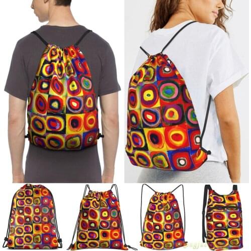 Kandinsky Modern Squares Circles Colorful Men Outdoor Travel Gym Bag Waterproof Drawstring Backpack Women Fitness Sackpack Bag