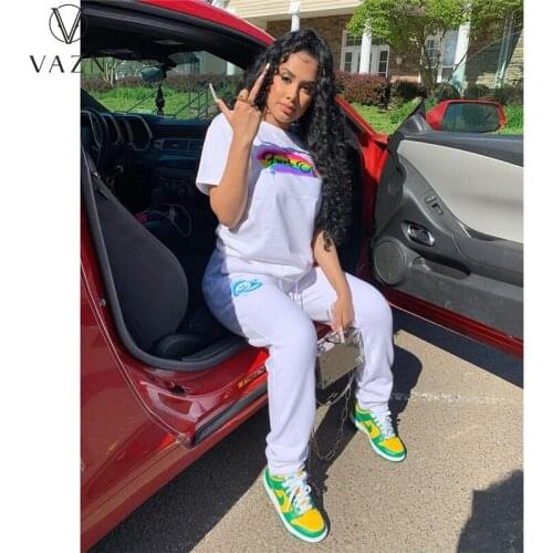 VAZN 2021 Top Quality White Nature Young Tracksuits Casual Regular Short Sleeve Long Pencil Pants Slim Women 2 Piece Set