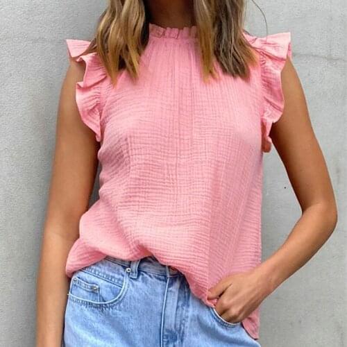 Solid Color O Neck Ruffled Sleeveless Ladies T Shirts Casual Black White Pink Women Tops Summer Chic Cozy Female Shirts