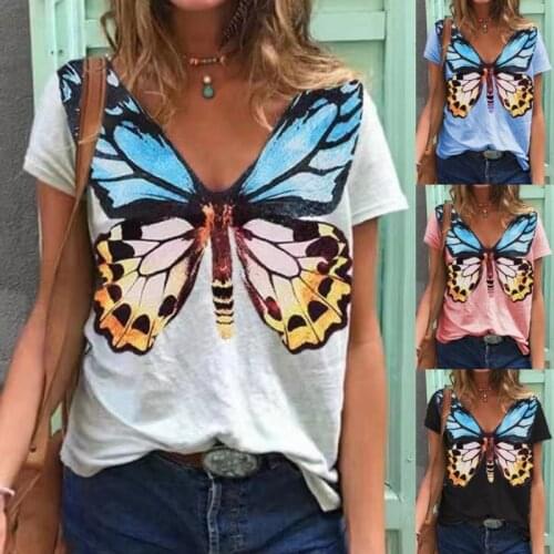 All-match Womens T-shirt Classic Butterfly Print Printed T-shirts Oversized Casual Loose Ladies Short Sleeve Tops Fashion Trend