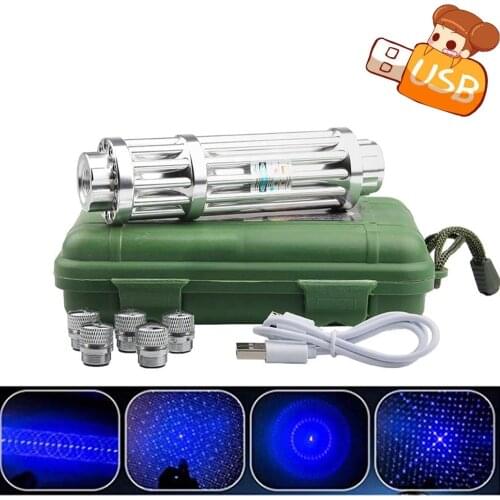 Military Blue Laser Pointer Powerful USB Rechargeable Built in Battery Laser Torch 1000m Focusable Flashlight With 5 Star Cap