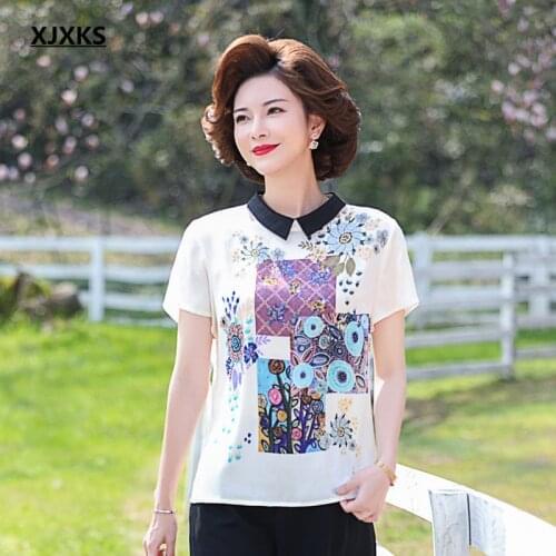 XJXKS 2021 summer new fashion lapel women chiffon T-shirt loose plus size high quality short-sleeved top women T-shirt