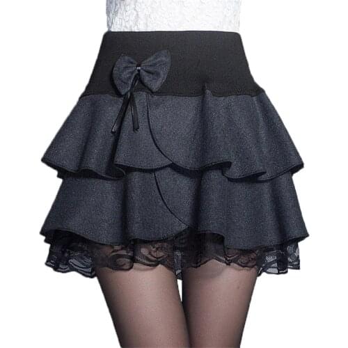 Autumn Winter Mini Skirt Women New Elastic High Waist Bow Woolen Skirts Female A-Line Pleated Skirt Lace Ruffle Cake SkirtAB006