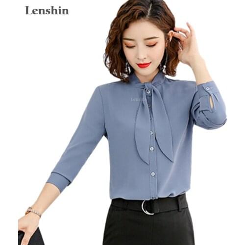 Lenshin New Fabric High-quality Smooth and Soft Bow Shirt for Women Blouse Tie Elegant Tops Long Sleeve Office Lady Work Wear