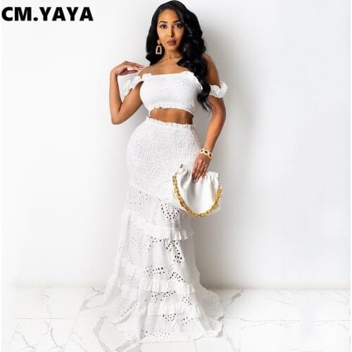 CM.YAYA Women Set Solid Short Sleeve Off Shoulder Crop Tops Lace Skinny Long Trumpet Skirts Two Piece Sets Vintage Outfit Summer