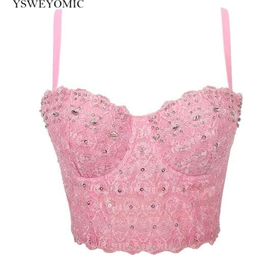 4 colors black Handmade Fashion Sexy Women Crystal Bra Pink Lace Rhinestone Push Up Cropped Top Vest Glitter Nightclub Tops
