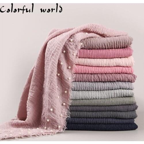 Womens Plain Hijab Scarf Female Bubble Cotton Nailed Pearl Headscarf Wrap Fringe Crumple Muslim Scarves/Scarf Oversize shawls