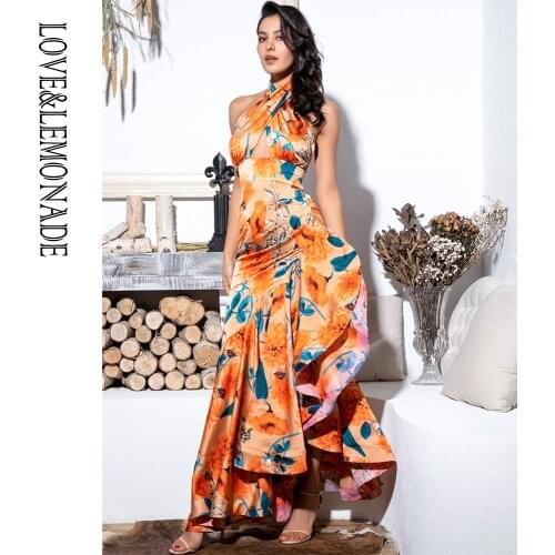 LOVE&LEMONADE Sexy Orange Cross Straps Side Slits Ruffled Print Maxi Dress LM81782