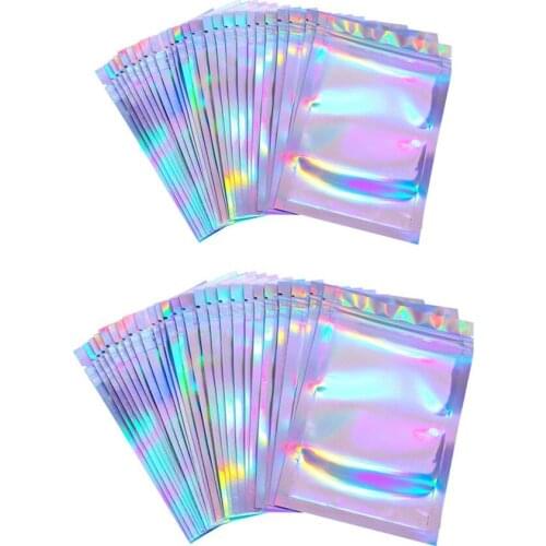 100pcs Translucent Holographic Rainbow Film Sealed Bag Ring Jewelry Cosmetic Storage Reusable Plastic Laser Zip Lock Bag