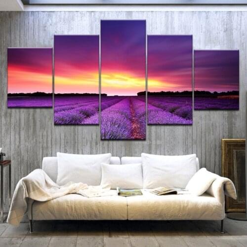 5Panel/piece HD Printed The lavender flowers sea sunset Landscape wall posters For home living room decoration