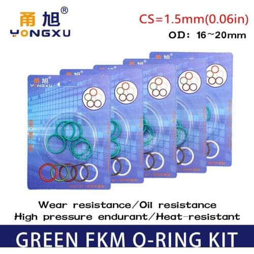 5PC Fluorine rubber Ring Green FKM ORing Kit OD16/17/18/19/20*1.5 Sealing Oring Washer Gaskets Oil Ring Fuel Assortment Set Box