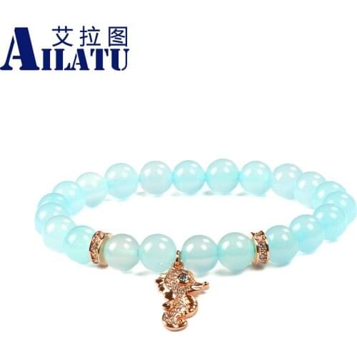 Ailatu Hot Sales 8mm Natural Blue Stone Beads with Clear Cubic Zirconia Sea Horse Charm Beaded Bracelet