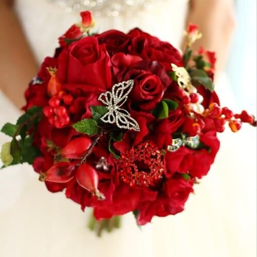 Bridal Red Rose bouquet, Artificial flowers brooch pearl crystal wedding bouquet, brides Butterfly Dragonfly bouquets decor
