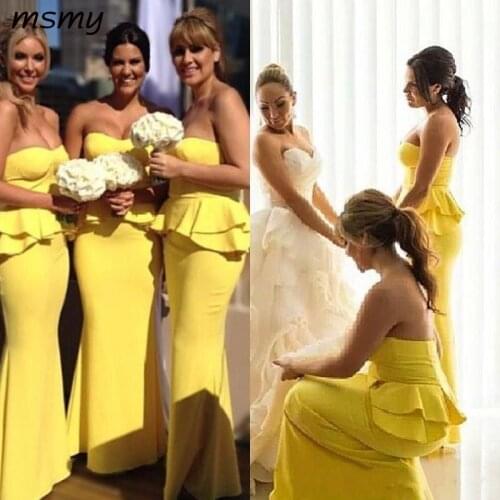 Long Yellow bridesmaid dress Sweetheart Mermaid With Peplum Zipper Back Floor-Length Cheap Prom Party Gown Free shipping