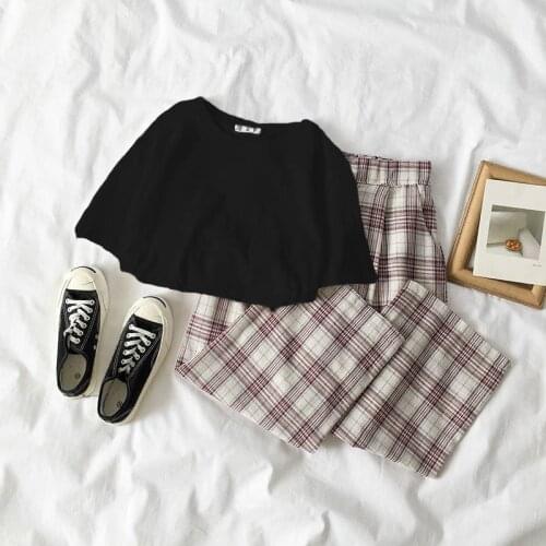 2019 Korean fashion summer student Hong Kong style short-sleeved T-shirt + plaid nine pants fashion suit