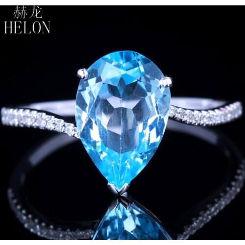 HELON Solid 14K White Gold Pear cut 8X11mm Genuine Blue Topaz & Diamond Engagement Ring Women Birthday Anniversarry Best Gift