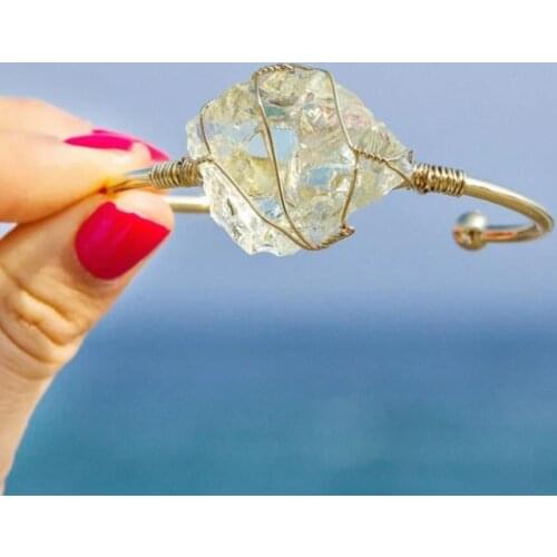 Quartz Open Cuff Bangles Natural Crystal Stone Wire Wrapped Bracelet Bracelet Jewelry for Women Irregular Summer Boho Bangle #I3