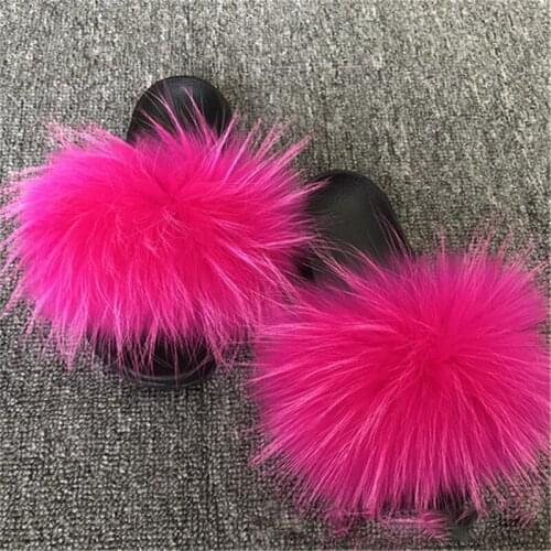 Summer Kids Plush Shoes Womens Fluffy Raccoon Fur Slippers Female Indoor Warm Home Flip Flops Wholesale Ladies Furry Slides Hot