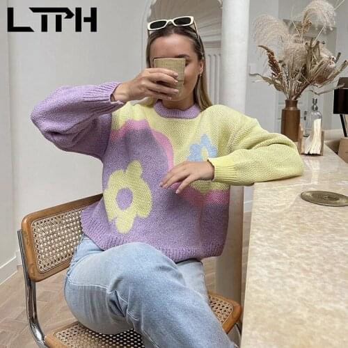 LTPH vintage jacquard floral knitted women sweaters long sleeve pullovers oversized loose soft warm jumpers 2021 autumn new